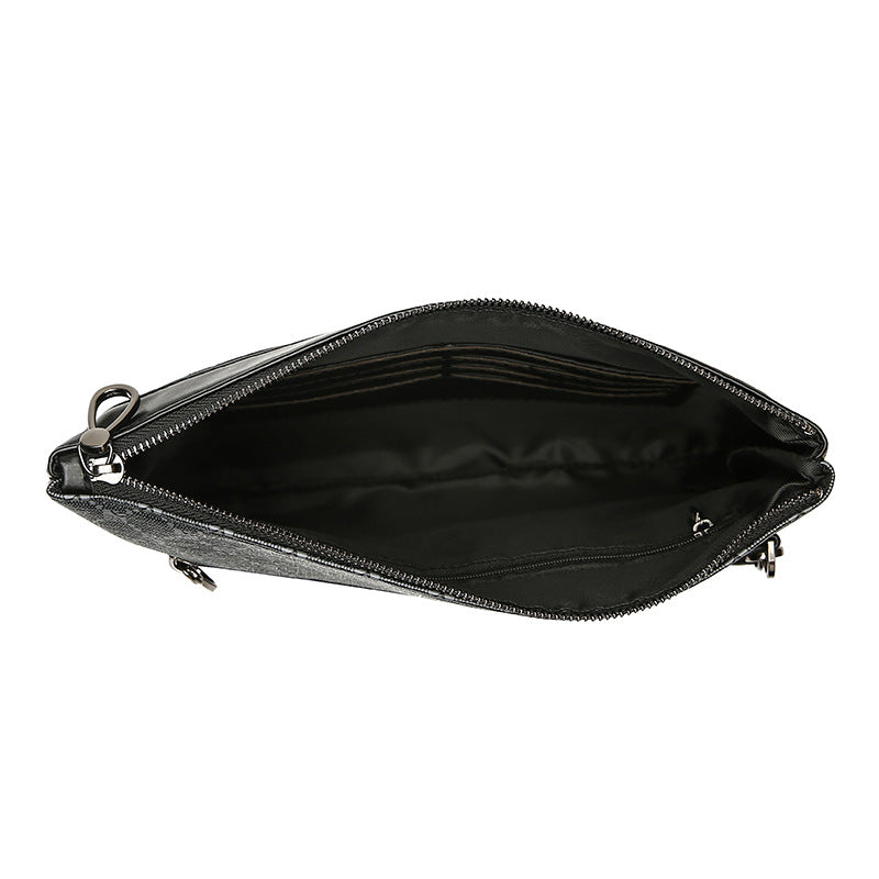 Black clutch bag with a zipper on a white background