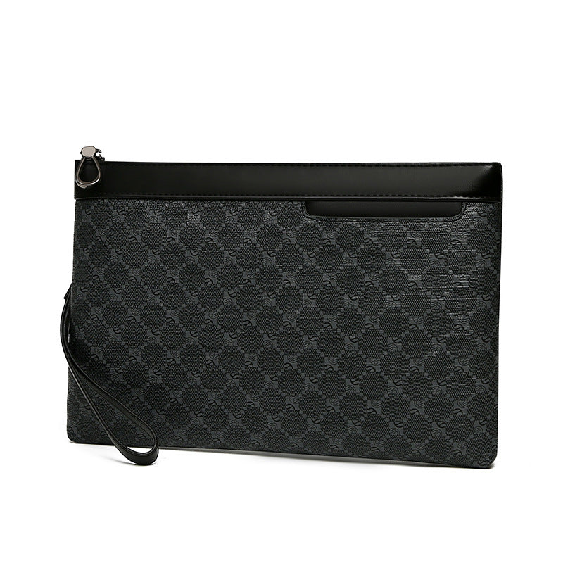Black patterned clutch bag on a white background