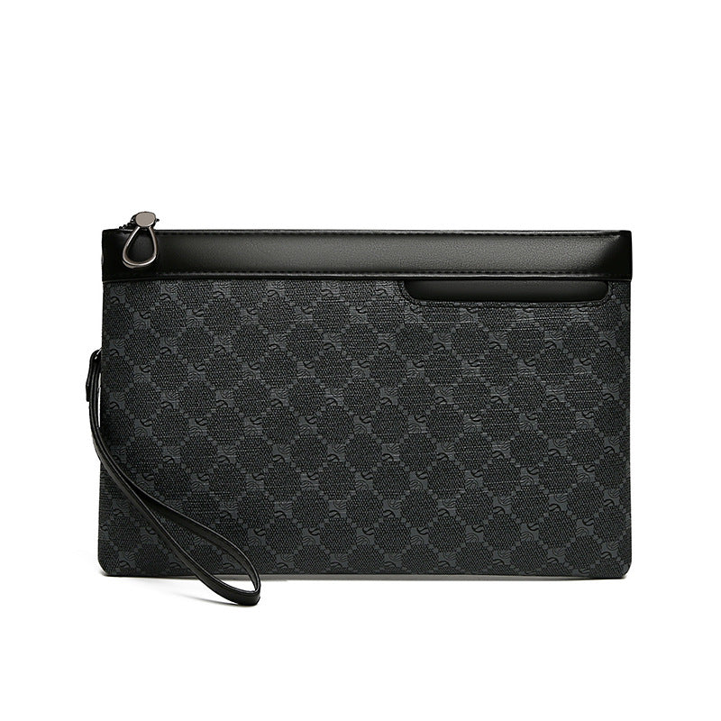 Black quilted clutch bag on a white background