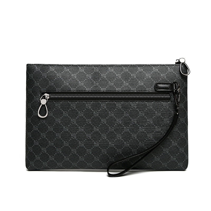 Black patterned clutch bag with a wrist strap on a white background