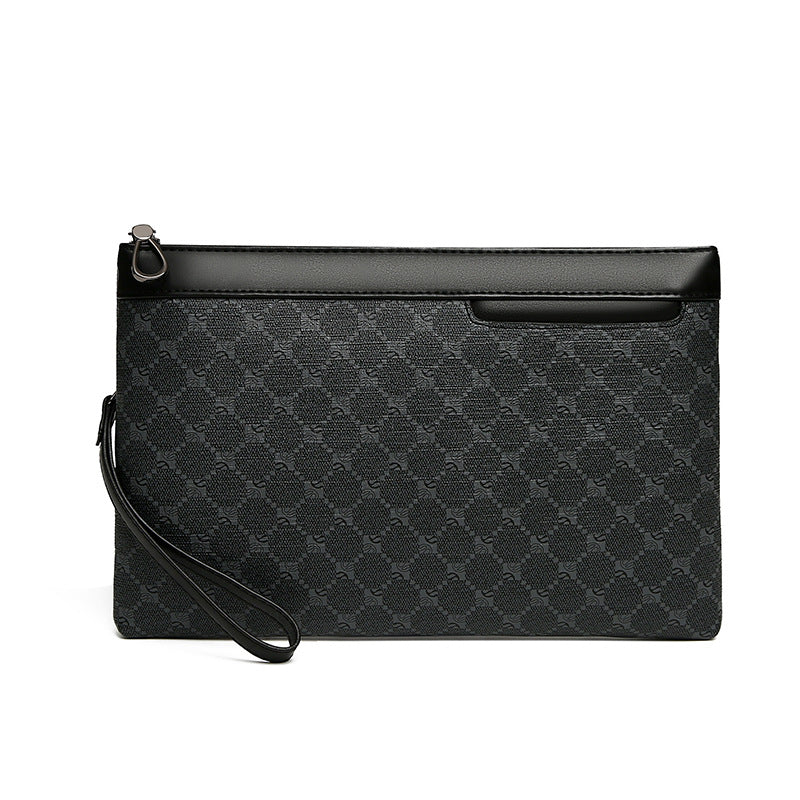 Black quilted clutch bag with a strap on a white background
